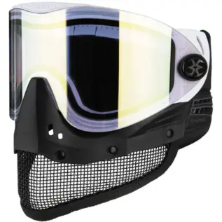 Empire E Mesh Goggle - White With Gold Thermal Mirror Lens - angled view of white and black mesh mask with gold mirrored lens