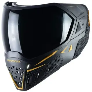 Empire EVS Paintball Mask - Black/Gold - angled view of black mask with gold trim and dark lens