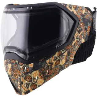 Empire EVS Paintball Mask - LE Bandito - angled view of black mask with orange patterned shell and clear lens
