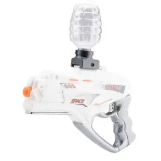 Gel Blaster White Shooting Elite 2-in-1 Gel And Nerf Gun - white blaster with clear top bottle and orange muzzle