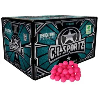 GI 1 Star .68 Cal Paintballs - 2000 Rounds - black and turquoise G.I. Sportz box beside pink paintballs