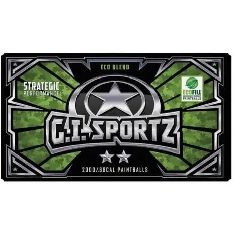GI 2 Star .68 Cal Paintballs - green and black G.I. Sportz paintball box GI 2 Star .68 Cal Paintballs - green and black G.I. Sportz paintball box