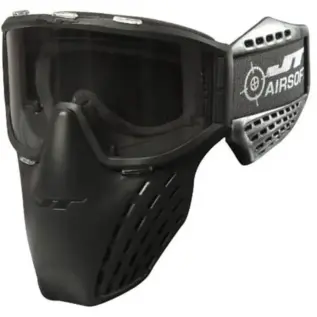 JT Delta 3 Airsoft Mask - angled view of black airsoft mask with dark lens and JT strap