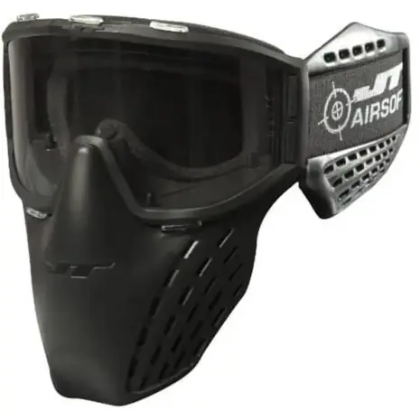 JT Delta 3 Airsoft Mask - angled view of black airsoft mask with dark lens and JT strap JT Delta 3 Airsoft Mask - angled view of black airsoft mask with dark lens and JT strap