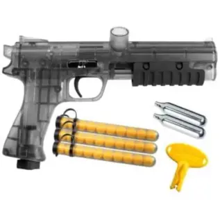 JT ER2 Paintball Marker Ready To Play Kit - clear paintball marker with yellow paintball tubes and accessories
