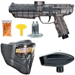 JT ER4 Paintball Marker Ready To Play Kit - transparent grey marker beside mask hopper CO2 cylinders and small accessories