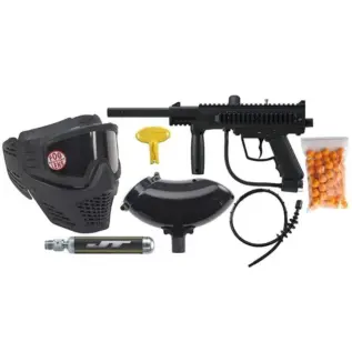 JT Outcast Paintball Marker Ready To Play Kit - black marker beside mask hopper CO2 cylinder and accessories