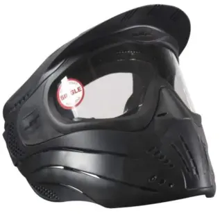 JT Premise Rental Goggles In Poly Bag - angled view of black mask with clear lens and single-lens sticker