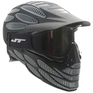 JT Spectra Flex 8 Thermal Black Full Coverage Goggle - angled view of black full-coverage mask with dark lens