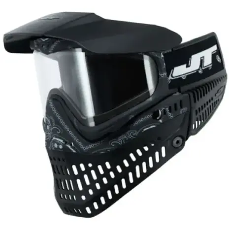 JT Spectra Proflex Le Goggle Bandana Black Mask - angled view of black mask with clear lens and JT strap JT Spectra Proflex Le Goggle Bandana Black Mask - angled view of black mask with clear lens and JT strap