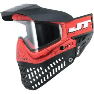 JT Spectra Proflex Le Goggle Bandana Red Mask - angled view of red and black mask with clear lens