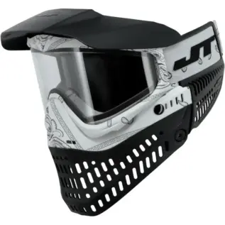 JT Spectra Proflex Le Goggle Bandana White Mask - angled view of white and black mask with clear lens