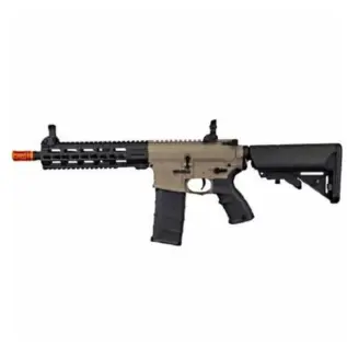 Tippman Commando MSV CQB 10.5 HPA Airsoft Rifle - side view of tan and black rifle with orange muzzle tip