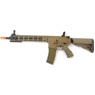 Tippmann AEG Recon Shorty Airsoft Rifle - side view of tan rifle with orange muzzle tip