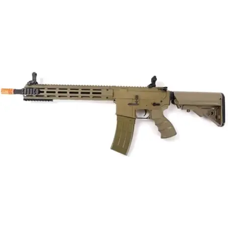 Tippmann AEG Recon Shorty Airsoft Rifle - side view of tan rifle with orange muzzle tip Tippmann AEG Recon Shorty Airsoft Rifle - side view of tan rifle with orange muzzle tip