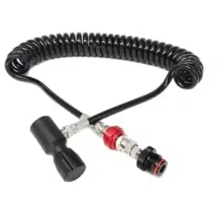 Tippmann Remote Coil With Slide Check - black coiled remote hose with red and silver fittings