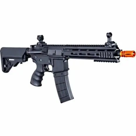 Tippmann Recon AEG CQB 9.5" Barrel M-Lok Shroud - Black - side view of black rifle with orange muzzle tip Tippmann Recon AEG CQB 9.5" Barrel M-Lok Shroud - Black - side view of black rifle with orange muzzle tip
