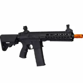 Tippmann Commando Aeg Cqb 10.5 Inches – Black - side view of black rifle with orange muzzle tip