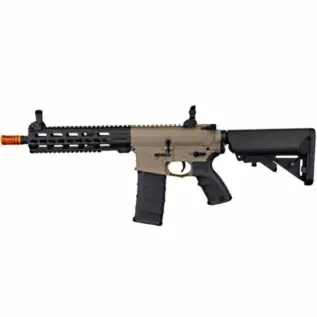 Tippmann Commando AEG CQB 10.5 6mm Airsoft Rifle - Tan - side view of tan and black rifle with orange muzzle tip