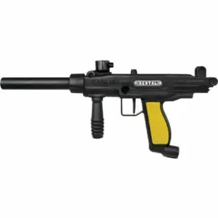 Tippmann FT-12 Rental Paintball Marker - Yellow - side view of black rental marker with yellow grip