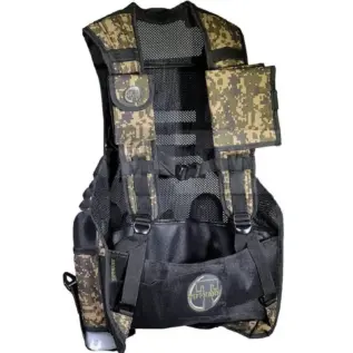 Tippmann Sports Vest - front view of camouflage vest with black mesh and pockets