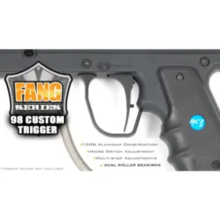 Tippmann 98 Fang Triggers - feature graphic showing silver curved trigger installed in marker grip