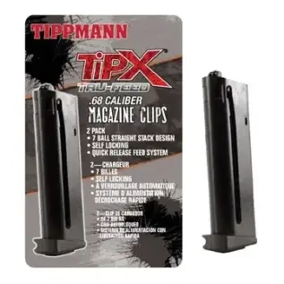 Tippmann TiPX Paintball Pistol Spare Magazines (2 Pack) - two black TiPX magazines beside retail packaging